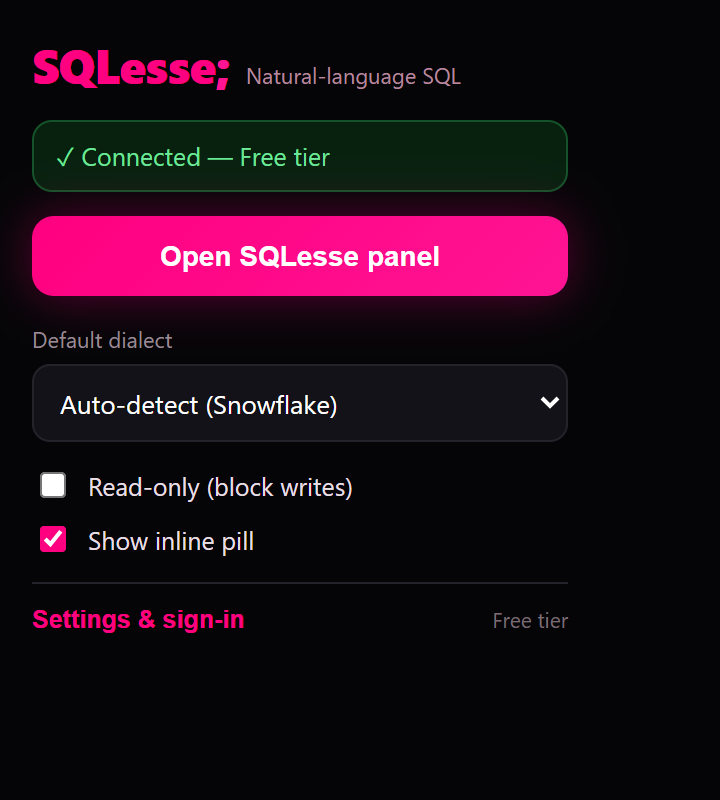 The extension toolbar popup: a green 'Connected — Free tier' status, an 'Open SQLesse panel' button, a default-dialect selector reading 'Auto-detect (Snowflake)', and toggles for read-only mode and the inline pill.