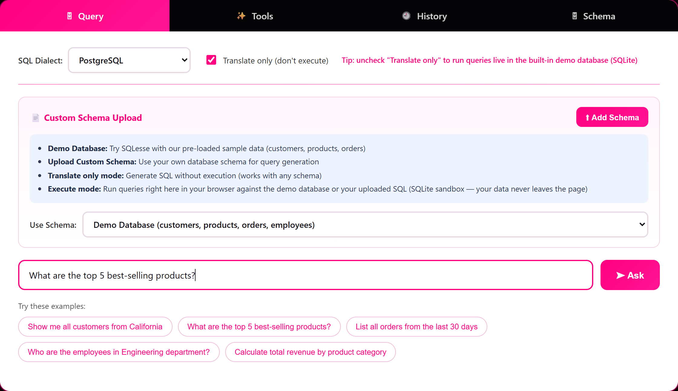The SQLesse web app Query tab: dialect set to PostgreSQL, 'Translate only' checked, the Demo Database selected, and the question 'What are the top 5 best-selling products?' typed into the ask box above a row of example questions.